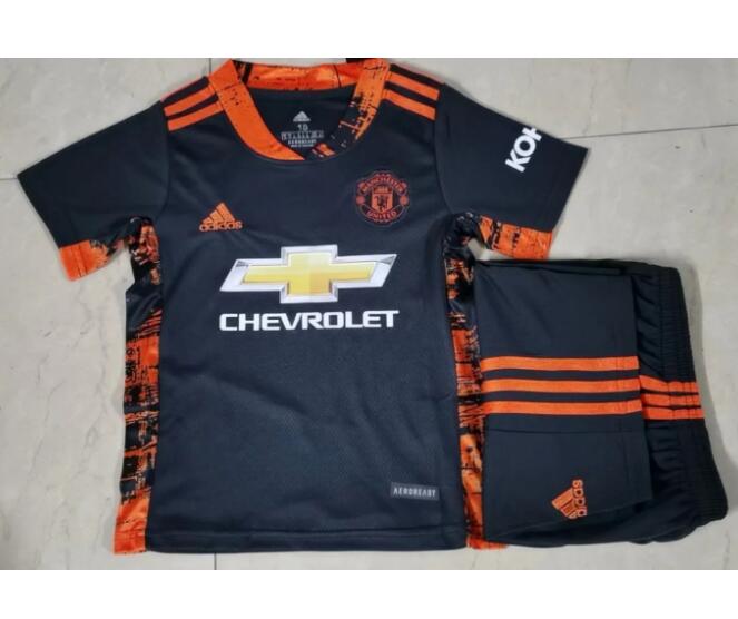 Kids Manchester United Black Goalkeeper Soccer Youth Kits Shirt With Shorts 2020/21